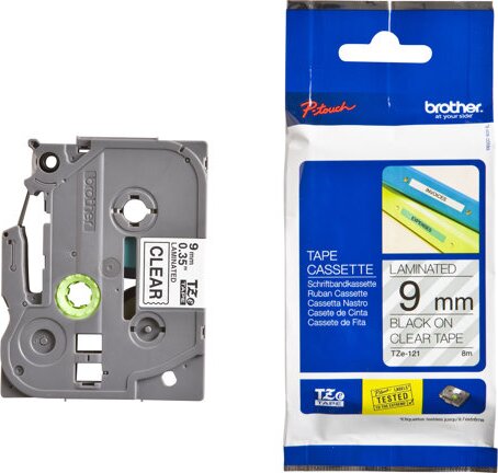 Brother TZE-121 P-touch Feliratozógép szalag 9mm / 8m - Áttetsző alapon fekete