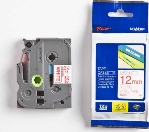 Brother TZE232 P-Touch Feliratozógép szalag 12 mm fehér alapon piros