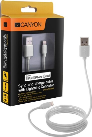 Canyon Ultra-compact MFI Lightning iPhone Töltő Kábel - Fehér (1m)