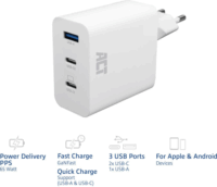 ACT AC2170 2x USB-C / USB-A Hálózati Gyorstöltő Adapter 65W - Fehér