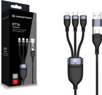 Conceptronic ETTA06B15 3-in-1 USB-C / Lightning / Micro-USB Adat- és Töltőkábel 100 W 1,5 m - Fekete