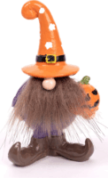 Iris polirezin orrszakáll figura narancssárga sapkában és lila ruhában álló Halloween dekoráció tökkel 13,1 cm
