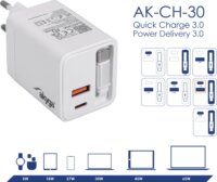 Akyga USB-A / 2x USB-C GaN Hálózati Gyorstöltő Adapter 65W - Fehér