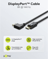 Goobay 77053 DisplayPort 2.1 Apa - 90° DisplayPort 2.1 Apa 8K 144Hz Kábel 2m - Fekete