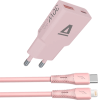 AVAX CH6418 GaN Gyorstöltő és szilikon USB-C-Lightning kábel 30W - Rózsaszín