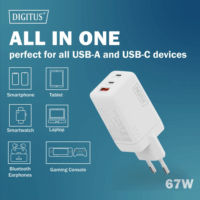 Digitus DA-10303 USB-A / 2x USB-C Hálózati Gyorstöltő Adapter 67W - Fehér