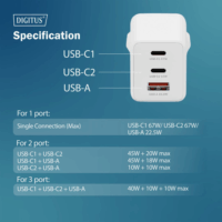 Digitus DA-10303 USB-A / 2x USB-C Hálózati Gyorstöltő Adapter 67W - Fehér