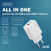 Digitus DA-10301 USB-A / USB-C Hálózati Gyorstöltő Adapter 30W - Fehér