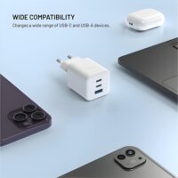 FIXED Mini USB-A / 2x USB-C GaN Hálozati Gyorstöltő Adapter 65W - Fehér