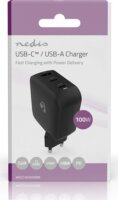 Nedis WGCHA100WBK USB-A / 2x USB-C Hálózati Gyorstöltő Adapter 100W - Fekete