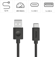 HAMA 86447 USB-A 2.0 Apa - USB-C Apa Adat és Töltőkábel 60W 1.2m - Fekete