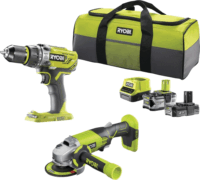 Ryobi ONE+ R18PDAG-242S Akkus Ütvefúró- csavarozó / Sarokcsiszoló készlet 18V + 2x 18V Akkumulátor + Töltő + Táska