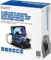 Ewent EW1335 4x USB-C / 2x US-A Gyorstöltő Állomás 65W - Fekete