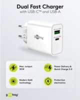 Goobay 75336 USB-A / USB-C Hálózati Gyorstöltő Adapter 30W - Fehér