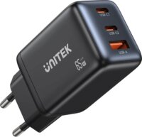 Unitek P1130ABK01-EU USB-A / 2x USB-C GaN Hálózati Utazó Gyorstöltő Adapter 65W - Fekete
