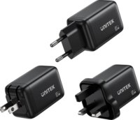 Unitek P1130ABK01-EU USB-A / 2x USB-C GaN Hálózati Utazó Gyorstöltő Adapter 65W - Fekete