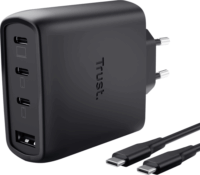 Trust 26067 Maxo USB-A / 3x USB-C GaN Hálozati Gyorstöltő Adapter 65W + USB-C Kábel 2m - Fekete