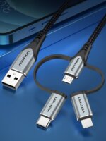 Vention CQJHF USB-A apa - Micro-USB / USB-C / Lightning Adat és Töltőkábel 1m - Szürke
