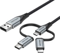 Vention CQJHF USB-A apa - Micro-USB / USB-C / Lightning Adat és Töltőkábel 1m - Szürke