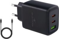 Bluestork PW-65-CCA-B USB-A / 2× USB-C Hálózati Gyorstöltő Adapter 65W + 2m USB-C Kábel - Fekete
