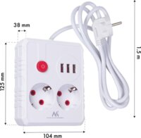 Maclean MCE387 W 3x USB-A Hálózati Elosztó 2 aljzatos 1.5m - Fehér
