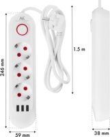 Maclean MCE394 W 3xUSB-A Hálózati Elosztó 3 aljzatos 1.5m - Fehér