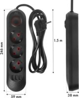 Maclean MCE394 B 3x USB-A Hálózati Elosztó 3 aljzatos 1.5m - Fekete
