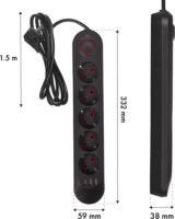 Maclean MCE395 B 3x USB-A Hálózati Elosztó 5 aljzatos 1.5m - Fekete