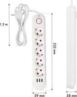 Maclean MCE395 W 3x USB-A Hálózati Elosztó 5 aljzatos 1.5m - Fehér