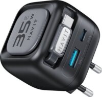 Havit UC250 A-EU GaN Utazó Hálózati Adapter kihúzható USB-C kábellel 0.7m 35W - Fekete
