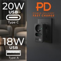 Maclean MCE249 F/B 2x USB-A + 2x USB-C Hálózati Elosztó 2 aljzatos - Fekete