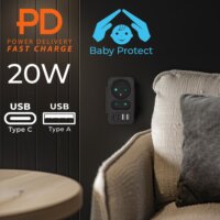 Maclean MCE249 F/B 2x USB-A + 2x USB-C Hálózati Elosztó 2 aljzatos - Fekete