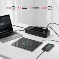 Maclean MCE389 B 4x USB-A / 1x USB-C Hálózati Elosztó 6 aljzatos 1.5m - Fekete/Piros