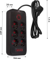 Maclean MCE389 B 4x USB-A / 1x USB-C Hálózati Elosztó 6 aljzatos 1.5m - Fekete/Piros