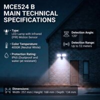 Maclean MCE524 B LED Kül / Beltéri Mozgásérzékelős Fali lámpa - Fekete