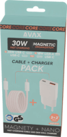 AVAX CH641P & CB610P USB-A / USB-C GaN Hálózati Gyorstöltő Adapter 30W + Mágneses USB-C Töltőkábel Csomag 100W - Fehér