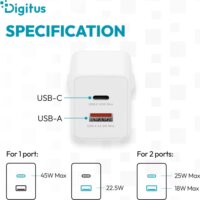 Digitus DA-10302 GaN USB-A / USB-C Hálózati Gyorstöltő Adapter 45W - Fehér