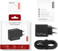 Lenovo G0A6065BEU GaN 2x USB-C Hálozati Gyorstöltő Adapter 65W + USB-C Kábel 1.5m - Fekete