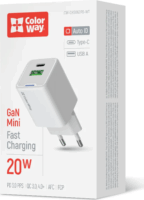 Colorway CW-CHS062PD-WT GaN Mini USB-C / USB-A Hálózati Töltő Adapter 20W - Fehér