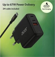 Acer ZL.ADTCC.00J GaN USB-A / 2x USB-C Hálozati Gyorstöltő Adapter 67W + USB-C Kábel 2m - Fekete