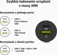Green Cell GC PowerRide Nano38 USB-C + USB-A Autós gyorstöltő 38W - Fekete