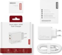 Lenovo G0A6065WEU 2xUSB-C GaN Hálózati Gyorstöltő Adapter 65W + USB-C Kábel 1.5m - Fehér