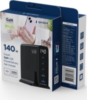 Gembird TA-UC-2A3C-PD140-01-BK 2x USB-A / 3x USB-C GaN Hálózati Gyorstöltő Adapter Tápkábellel 140W - Fekete