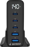 Gembird TA-UC-2A3C-PD140-01-BK 2x USB-A / 3x USB-C GaN Hálózati Gyorstöltő Adapter Tápkábellel 140W - Fekete