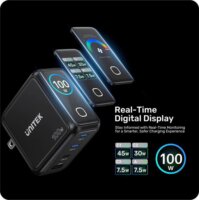 Unitek Rexo USB-A / 3x USB-C GaN Gyorstöltő Adapter LCD Kijelzővel 100W - Fekete