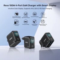Unitek Rexo USB-A / 3x USB-C GaN Gyorstöltő Adapter LCD Kijelzővel 100W - Fekete