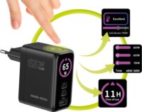 Mobile Origin 2x USB-C / USB-A GaN Hálózati Gyorstöltő Adapter 65W beépített USB-C Kábellel 0.75m - Fekete
