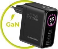 Mobile Origin 2x USB-C / USB-A GaN Hálózati Gyorstöltő Adapter 65W beépített USB-C Kábellel 0.75m - Fekete