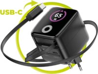 Mobile Origin USB-A / USB-C GaN Hálózati Gyorstöltő Adapter 65W Beépített USB-C Kábellel 0.65m - Fekete
