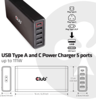 Club3D Hálózati 4xUSB-A + USB-C töltő 111W Fekete